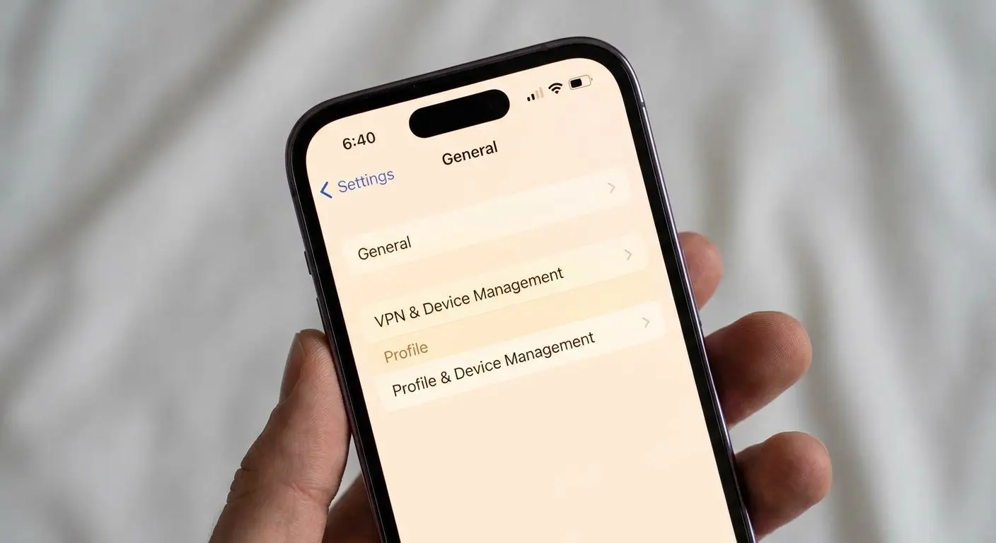 Ajustes de iOS mostrando opciones de perfil y dispositivo en iPhone