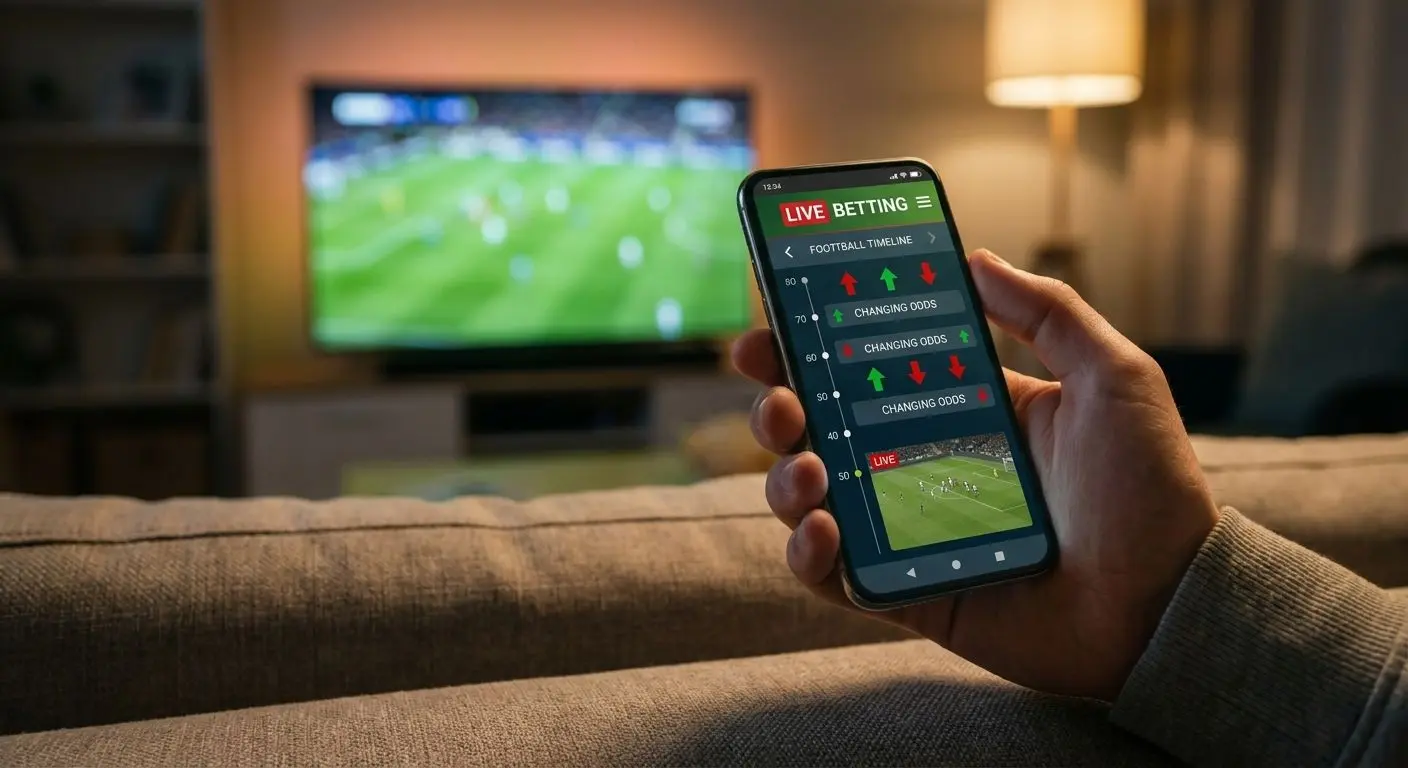 Mano sosteniendo móvil con pantalla de apuestas en directo y app de bwin