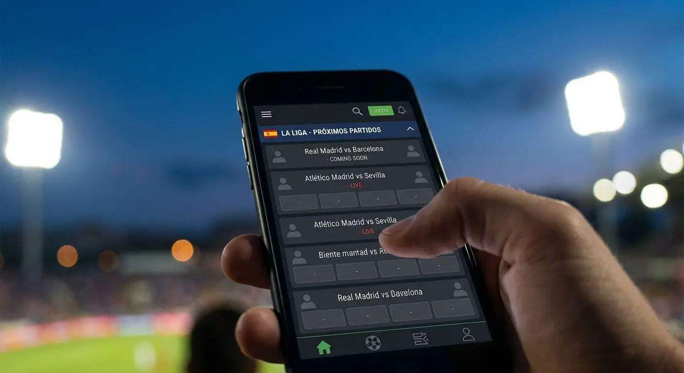 Móvil con app de apuestas de fútbol mostrando partidos de liga