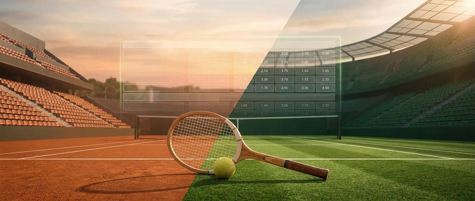 Banner con pista de tenis de tierra y hierba y elementos sutiles de apuestas