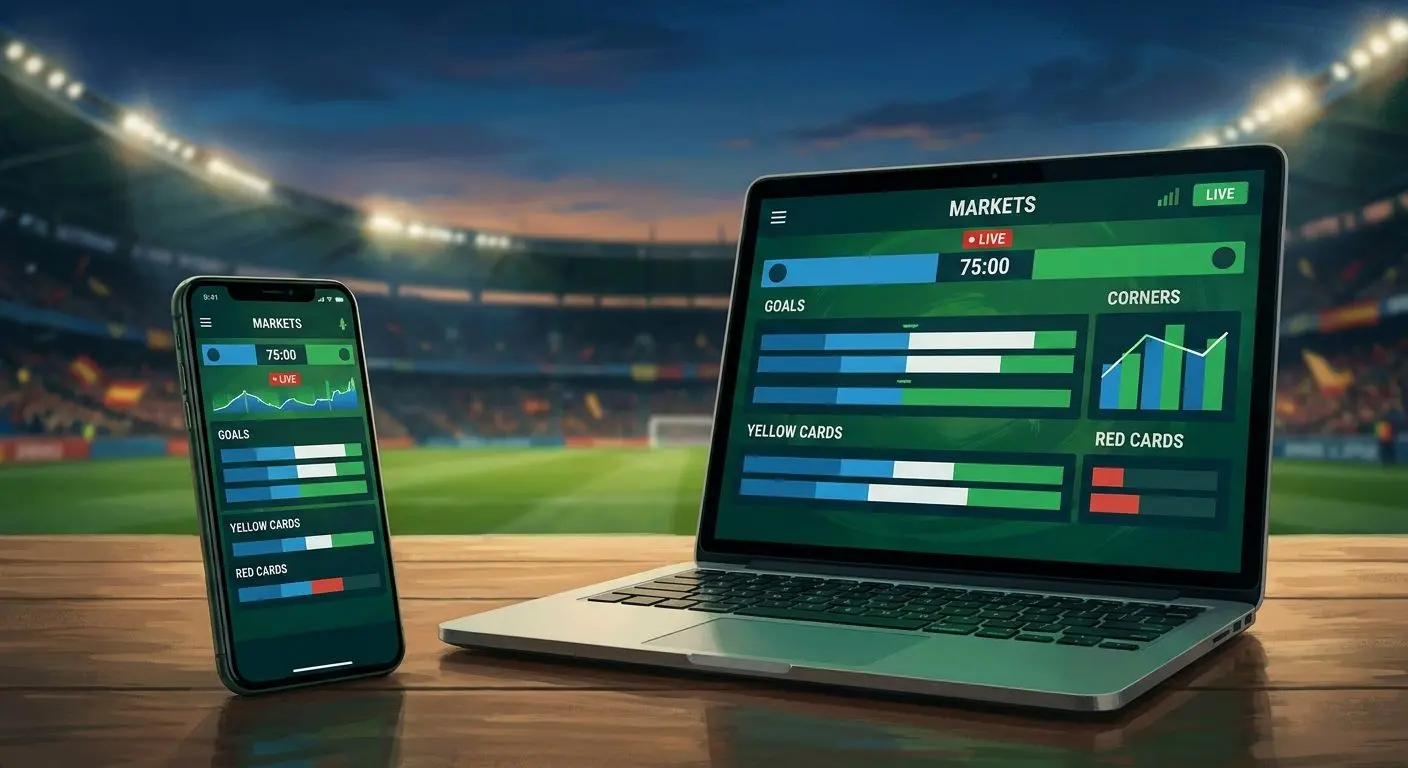 Interfaz de apuestas de fútbol en directo con mercados de goles, córners y tarjetas