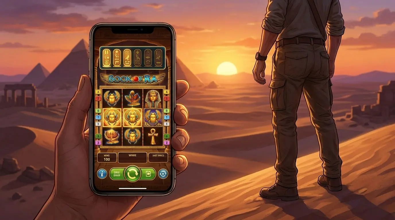 Jugador usando el móvil para jugar a una tragaperras egipcia en bwin