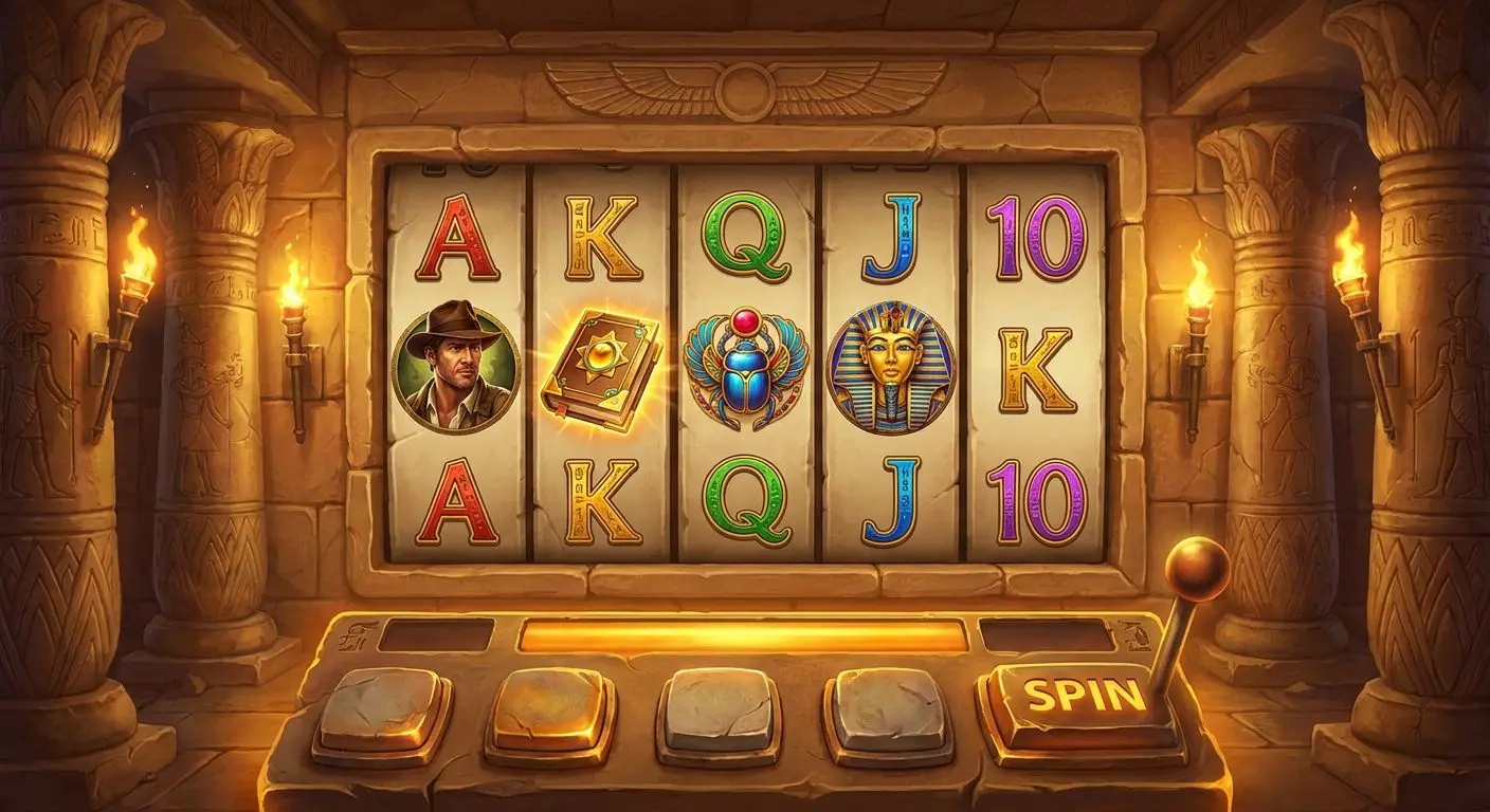 Pantalla de slot estilo Book of Ra con símbolos egipcios y cartas de casino