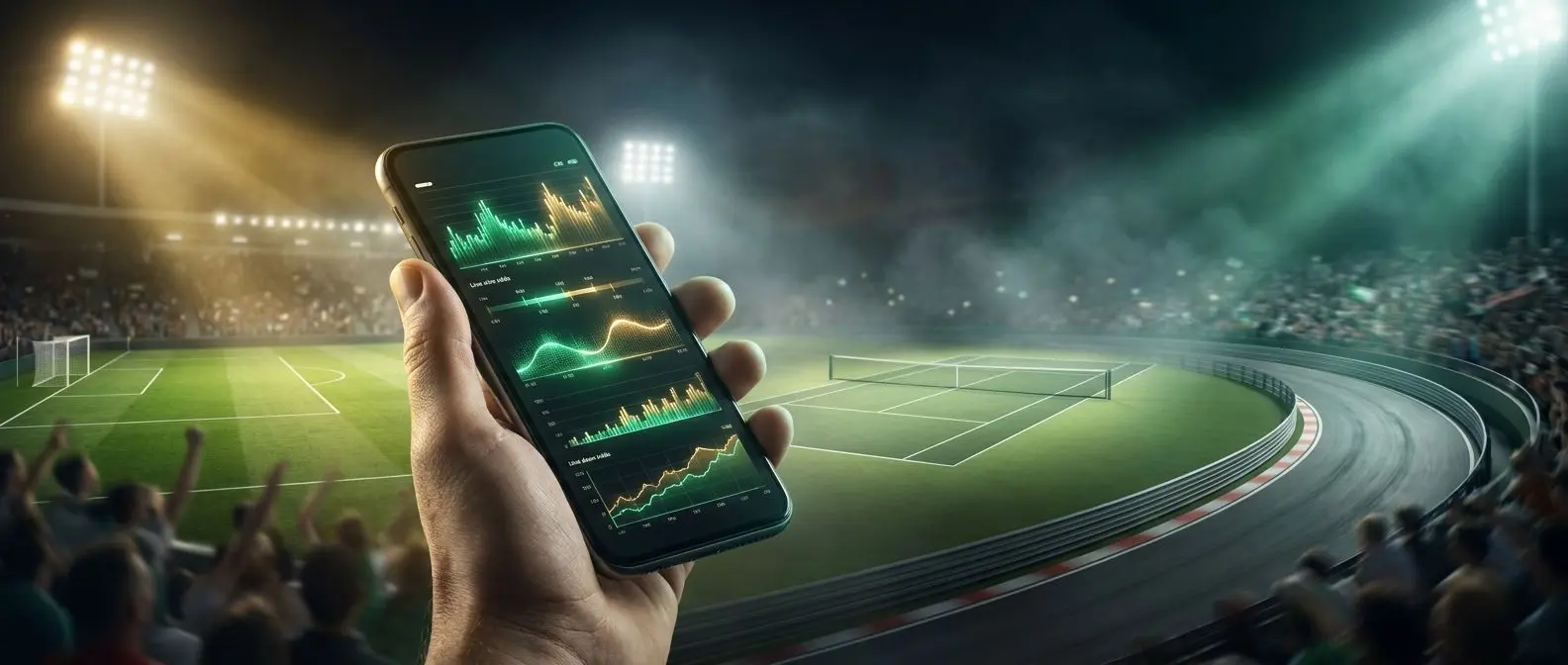 Banner con smartphone mostrando apuestas deportivas en directo y fondo multideporte