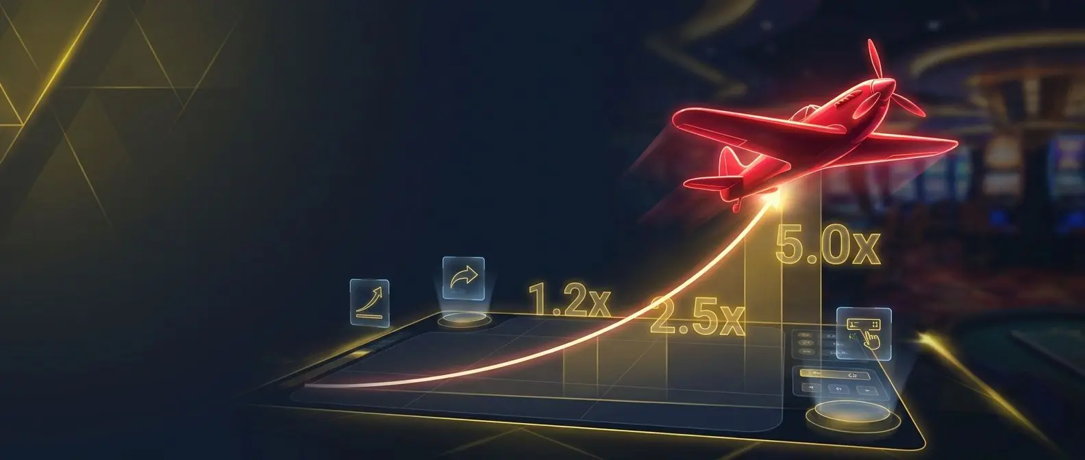 Banner con avión despegando y pantalla de juego crash tipo Aviator