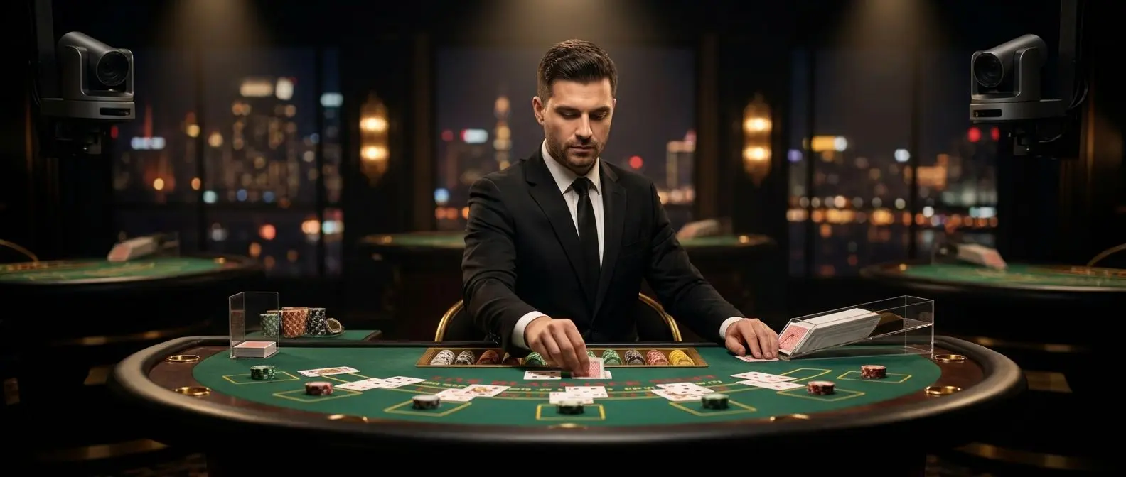 Mesa de blackjack en directo con crupier en un casino online de estilo premium
