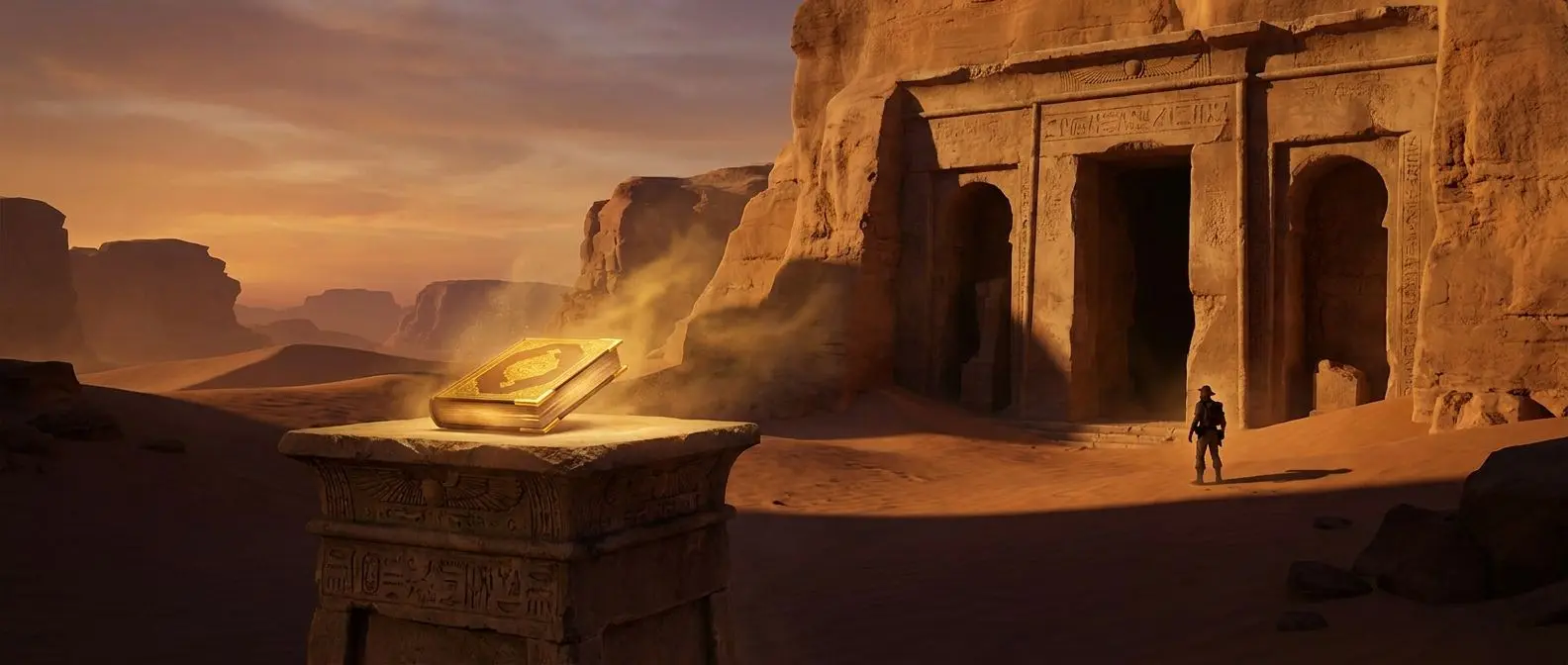 Templo egipcio al atardecer con un libro dorado brillante sobre un pedestal