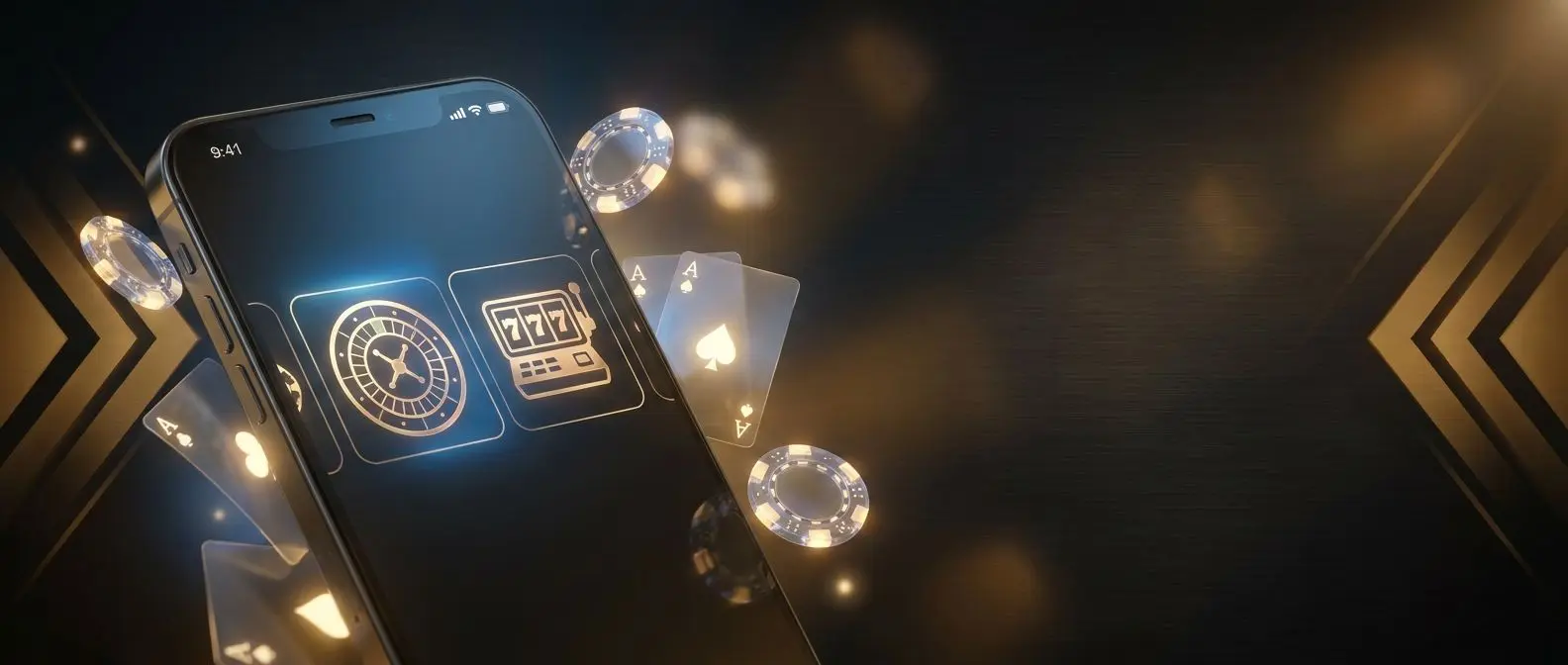 Smartphone con app de casino genérica abierta y elementos de juego alrededor