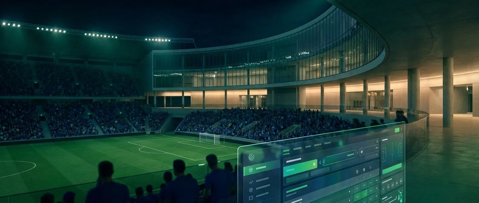 Estadio de fútbol en España con interfaz de apuestas deportivas en pantalla