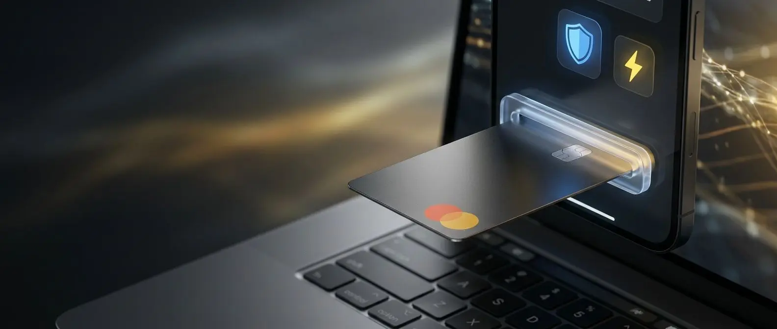 Banner con tarjeta bancaria y símbolos de seguridad y rapidez en pagos online