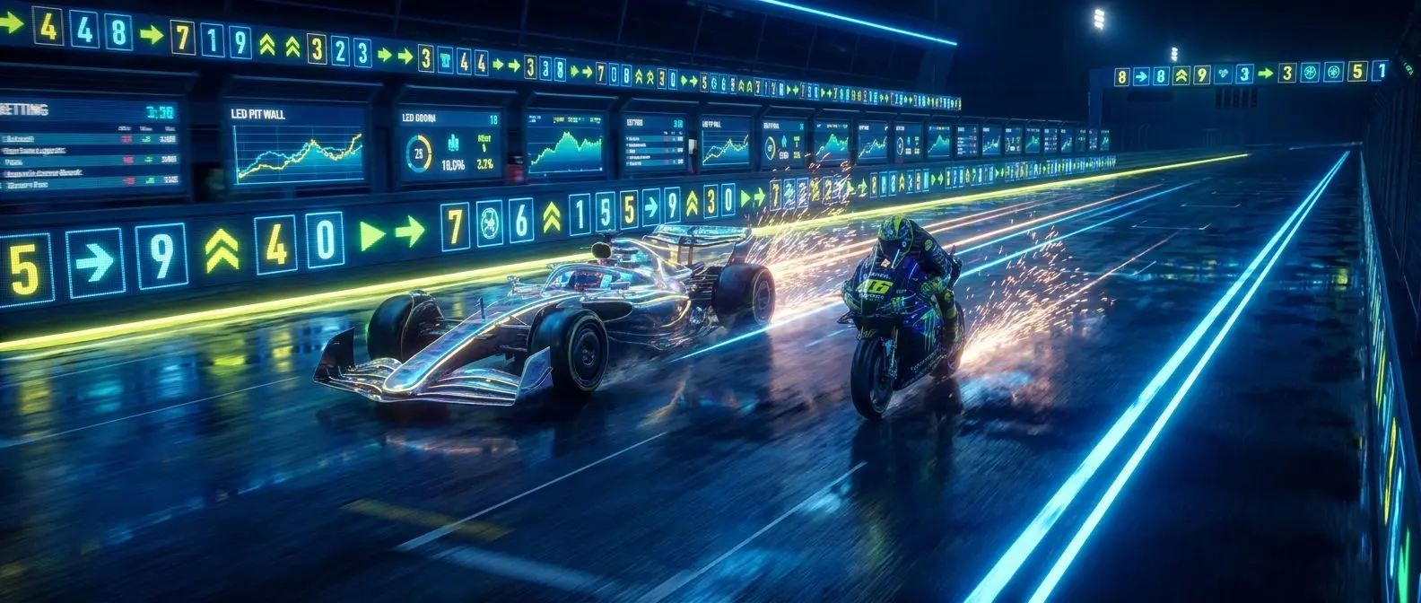 Banner con moto y monoplaza de F1 compitiendo en un circuito nocturno