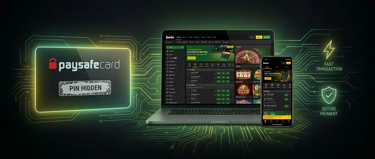 Banner de depósito en bwin con paysafecard mostrando cupón prepago y pantalla de pago segura