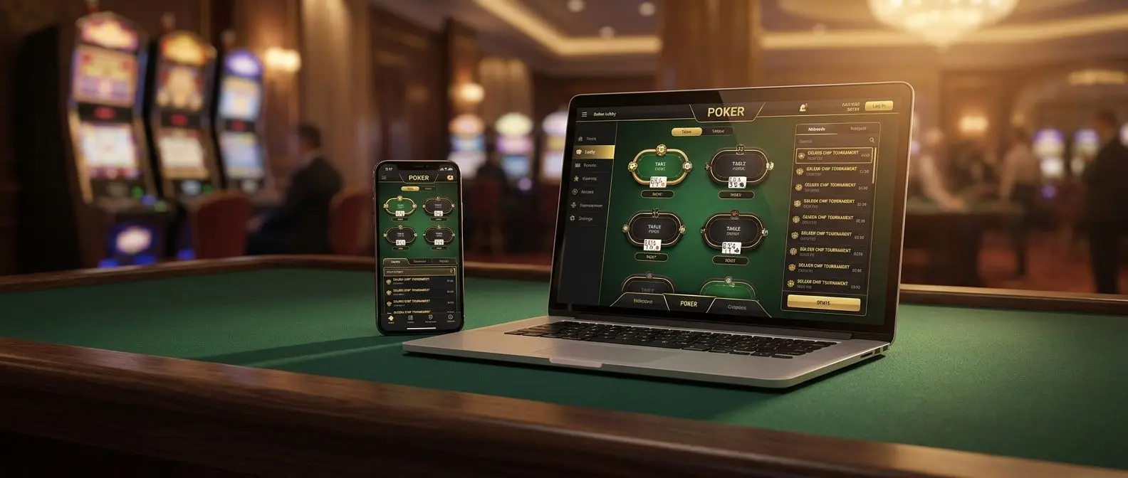 Mesa de poker online con portátil y móvil mostrando el lobby de poker