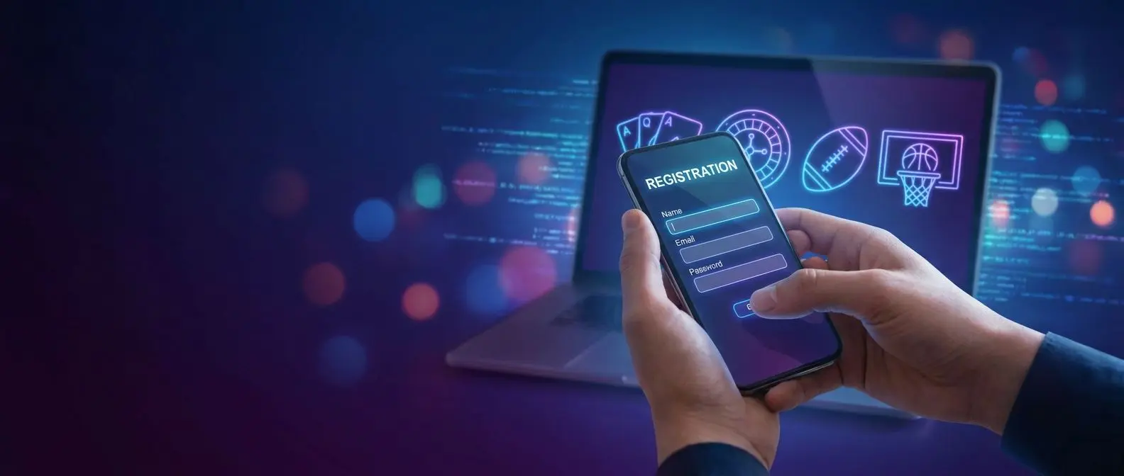 Persona registrándose en un sitio de apuestas desde el móvil y el ordenador