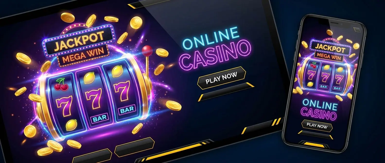 Banner con tragaperras online de estilo neón y monedas doradas