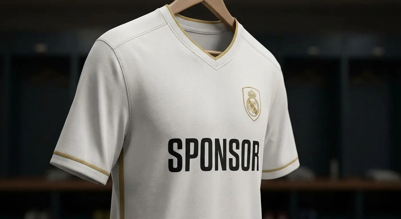 Detalle de una camiseta blanca de fútbol estilo Real Madrid con zona de patrocinio