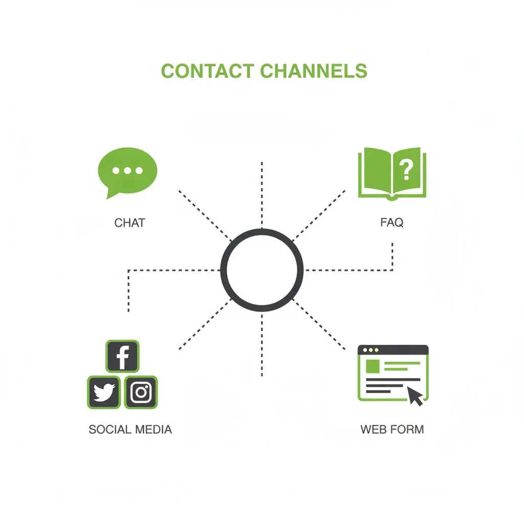 Esquema de canales de soporte con iconos de chat, redes y centro de ayuda