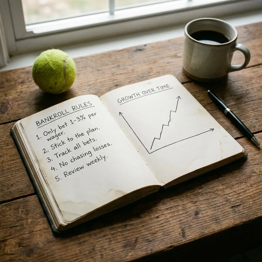 Bloc de notas con reglas de gestión de bankroll y una pelota de tenis
