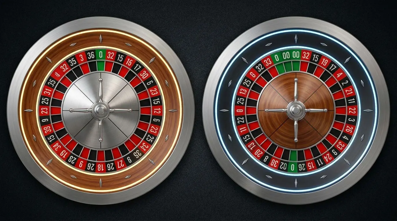 Comparación visual de ruleta europea con un cero y ruleta americana con doble cero