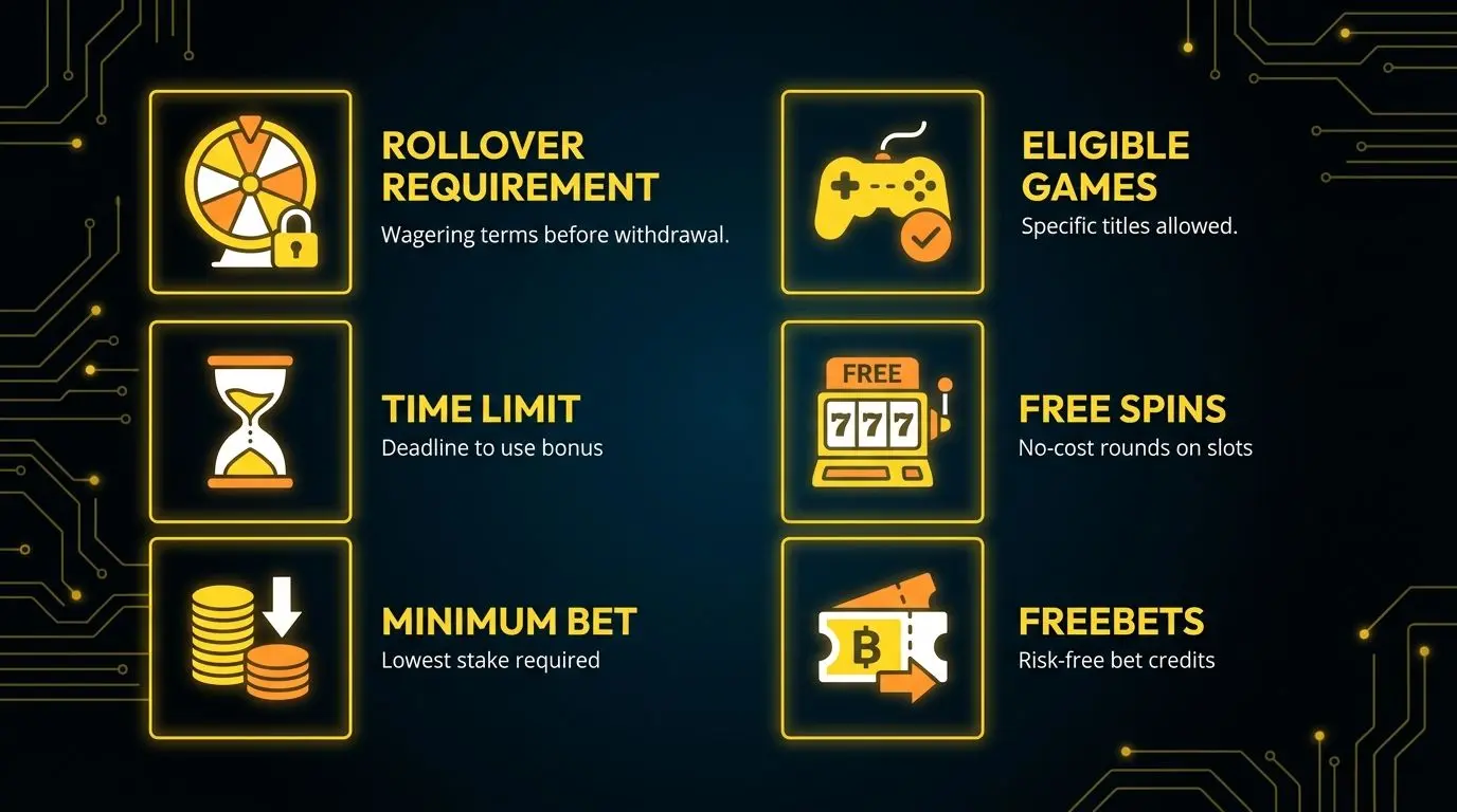 Infografía con conceptos clave de bonos como rollover, validez y apuesta mínima