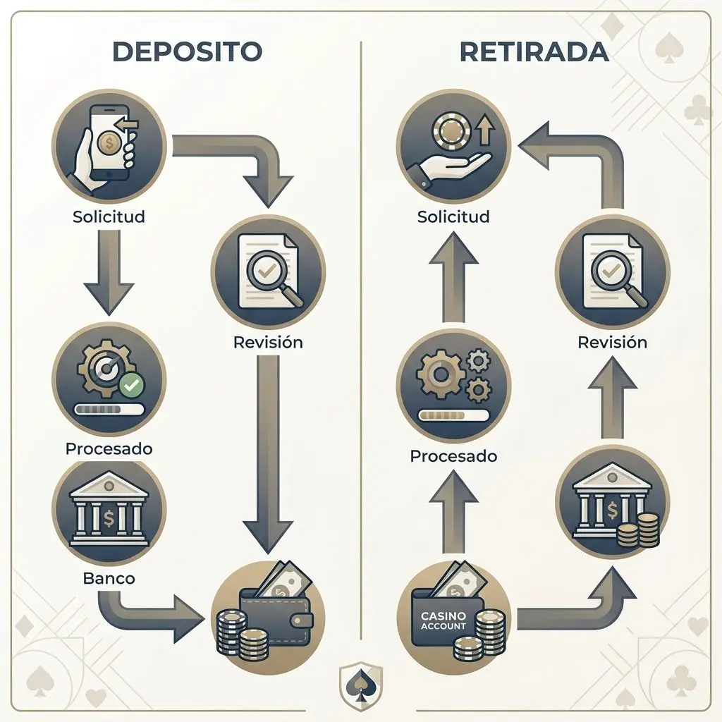 Esquema comparando el flujo de depósito y retirada con tarjeta en un operador online