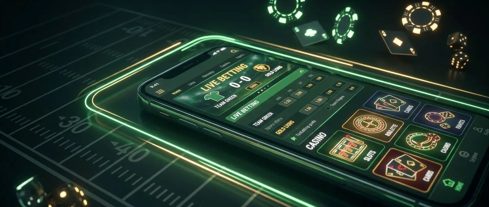 Móvil con interfaz genérica de apuestas deportivas y casino sobre fondo oscuro