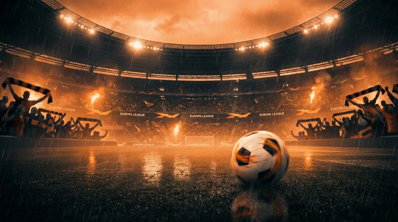 Ambiente de noche europea de fútbol con afición animando y luces de estadio