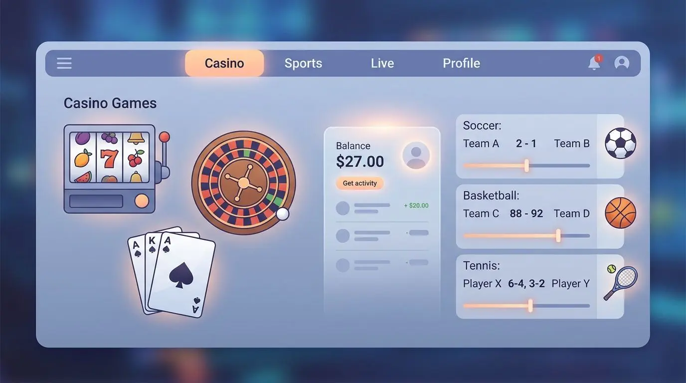 Vista general de un hub de juegos con casino y deportes