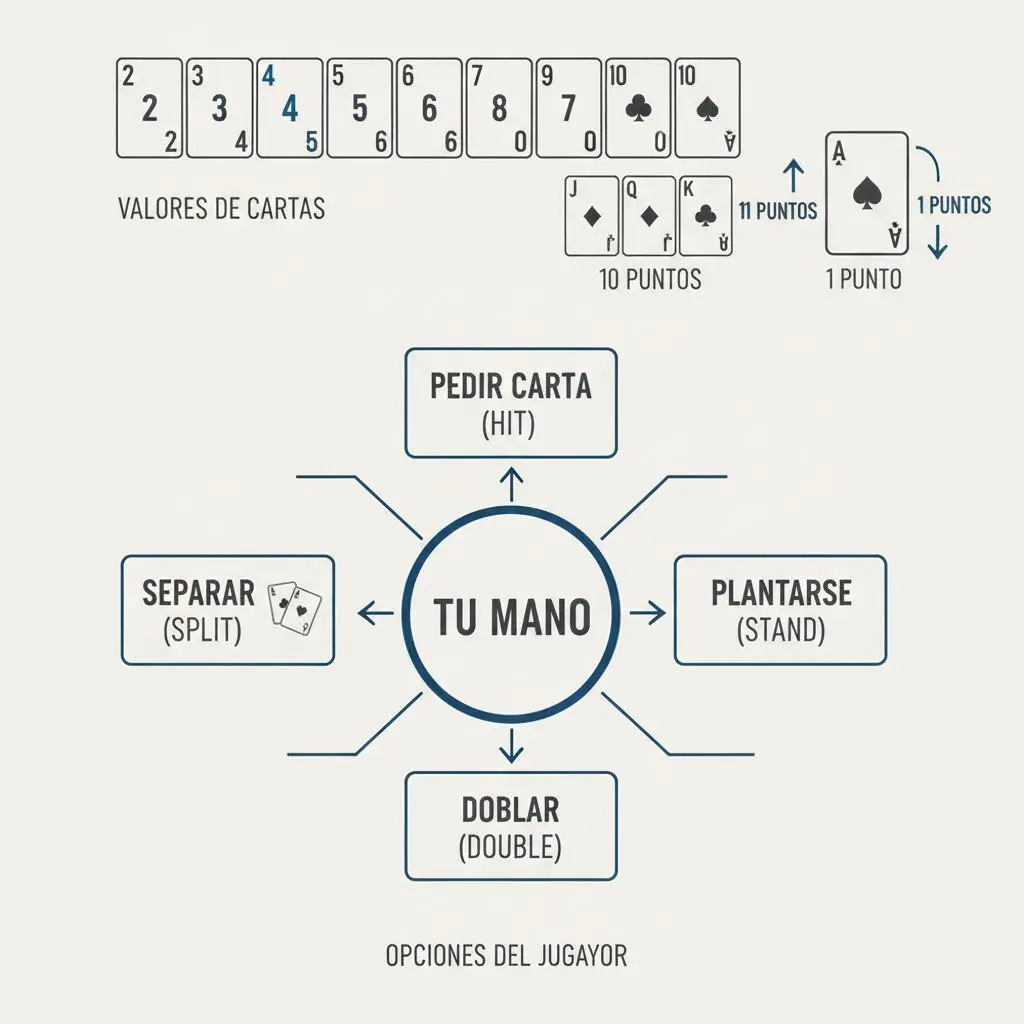 Infografía con valores de cartas de blackjack y opciones básicas del jugador