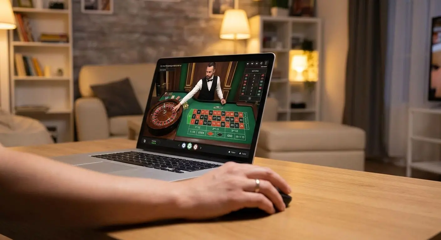 Jugador comenzando partida de ruleta online en directo desde casa en su portátil