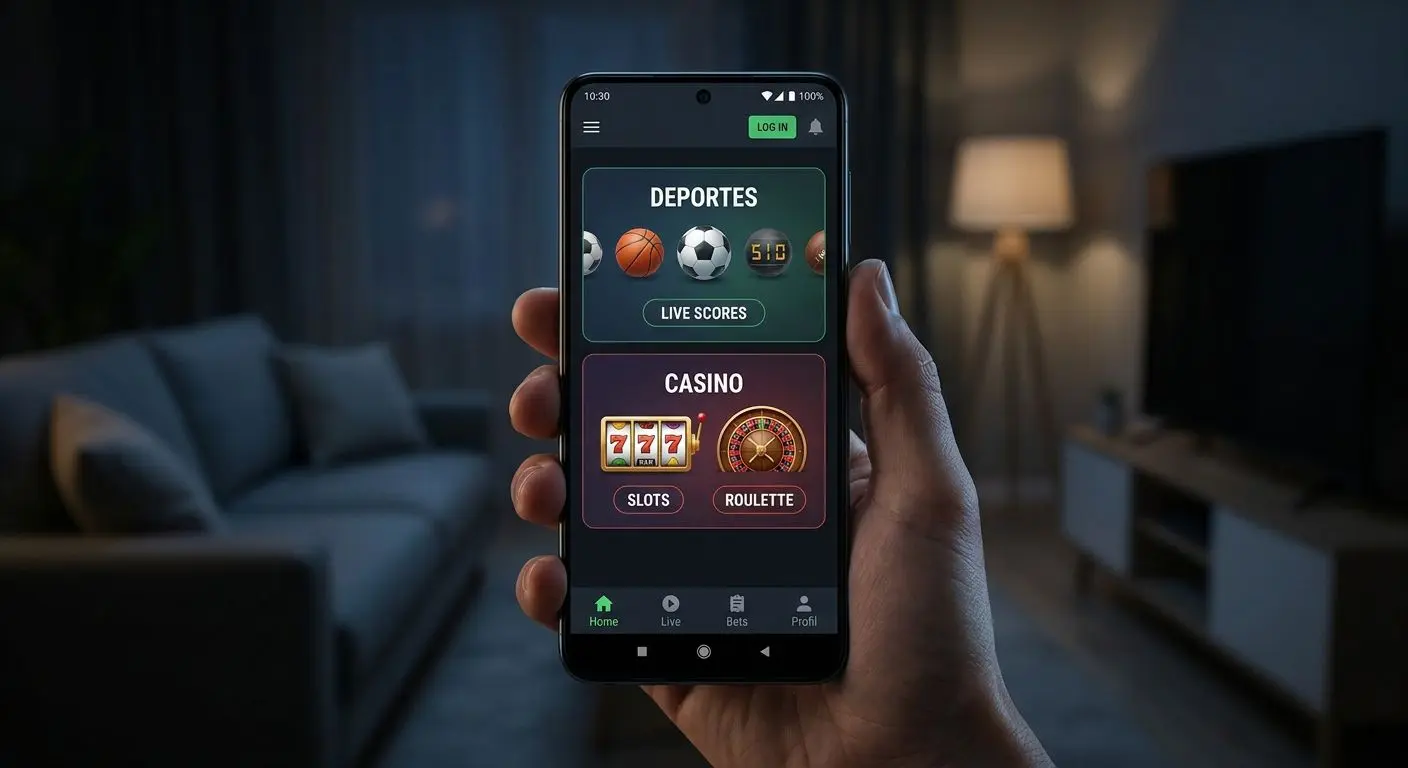 Interfaz genérica de app de apuestas con secciones Deportes y Casino en móvil Android