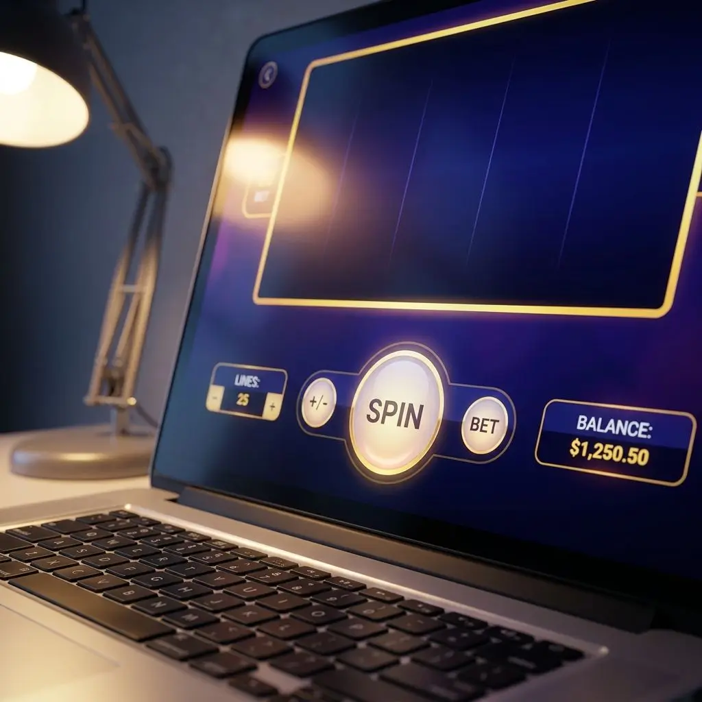 Interfaz de tragaperras online con botón de spin y controles de apuesta