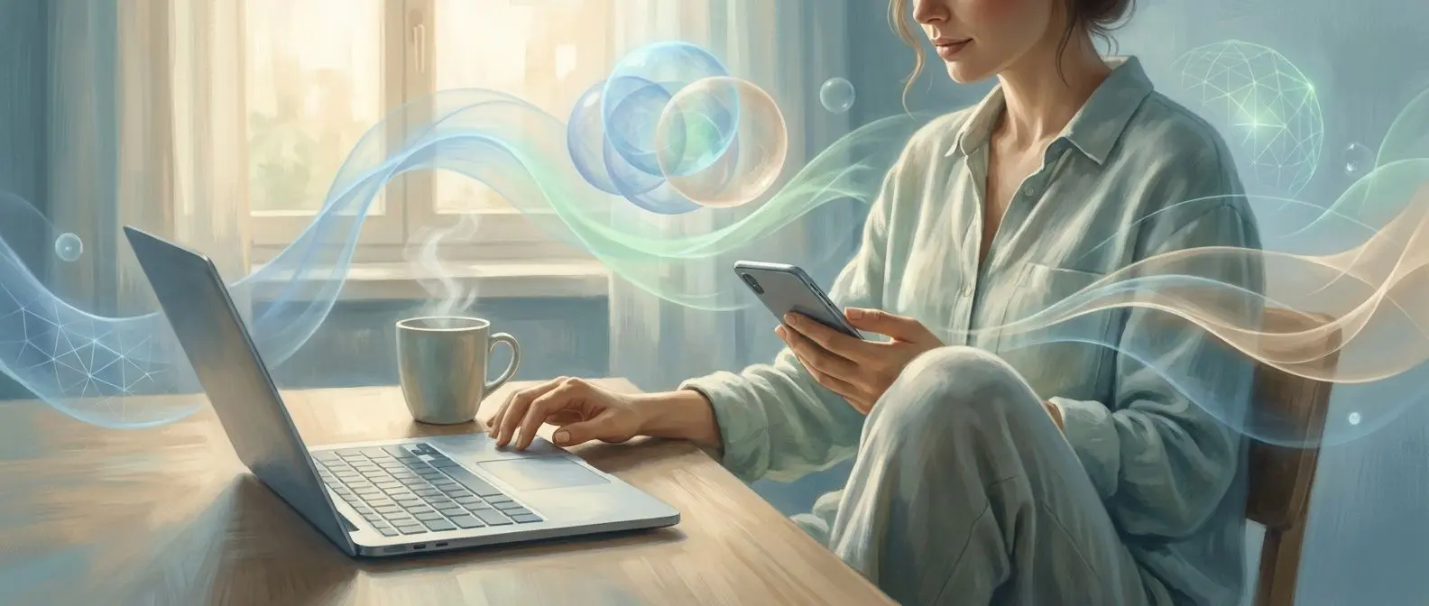 Persona usando dispositivos digitales con sensación de control y bienestar