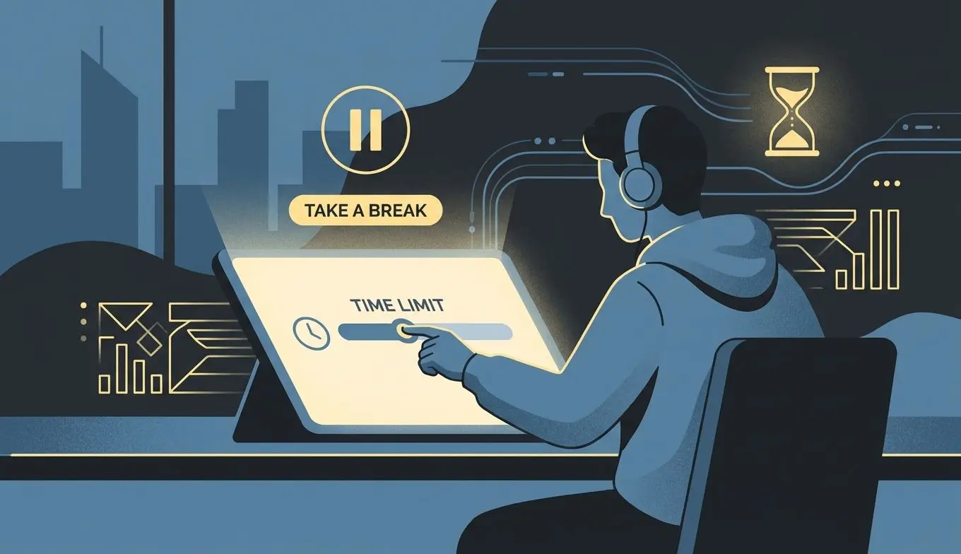 Ilustración de juego responsable con límites de tiempo y control de sesión