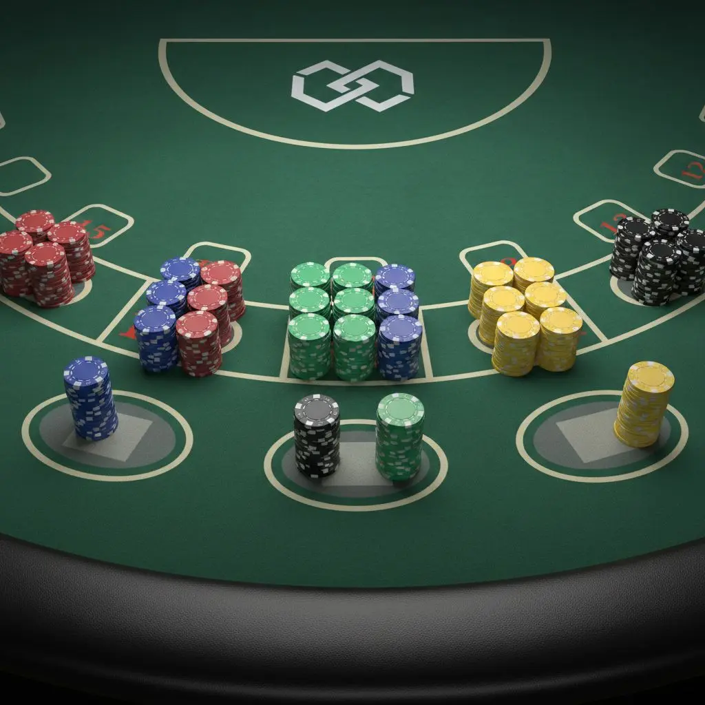 Mesa de blackjack con fichas distribuidas en diferentes posiciones de apuesta