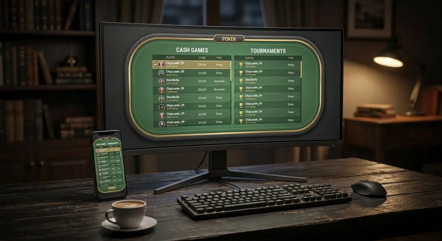 Interfaz del lobby de poker online en ordenador y móvil