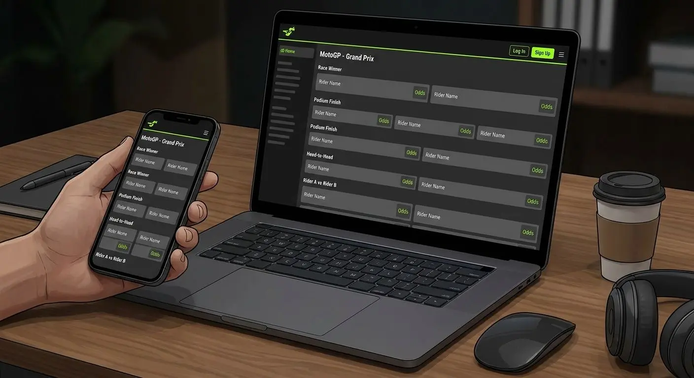 Interfaz de apuestas MotoGP con distintos mercados de carrera en pantalla