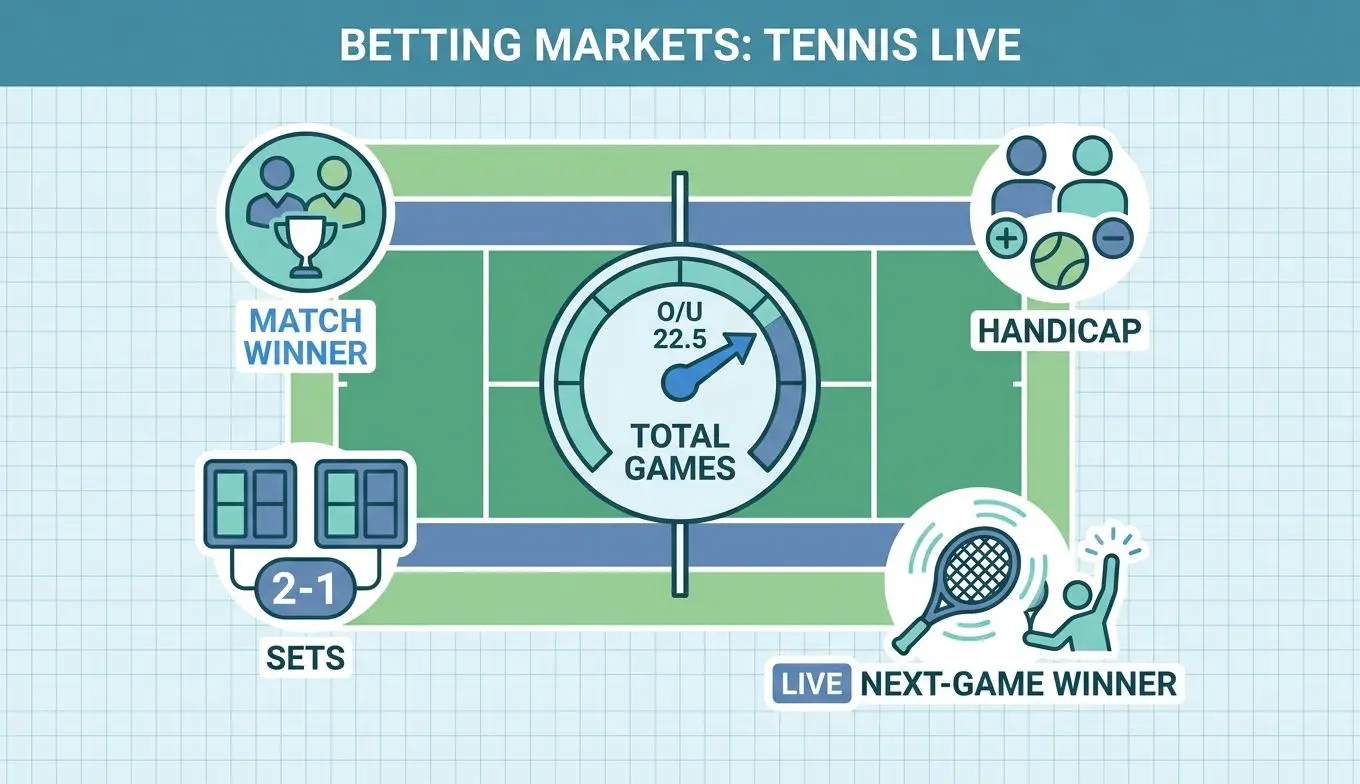 Infografía de mercados de apuestas de tenis como ganador, sets y hándicap