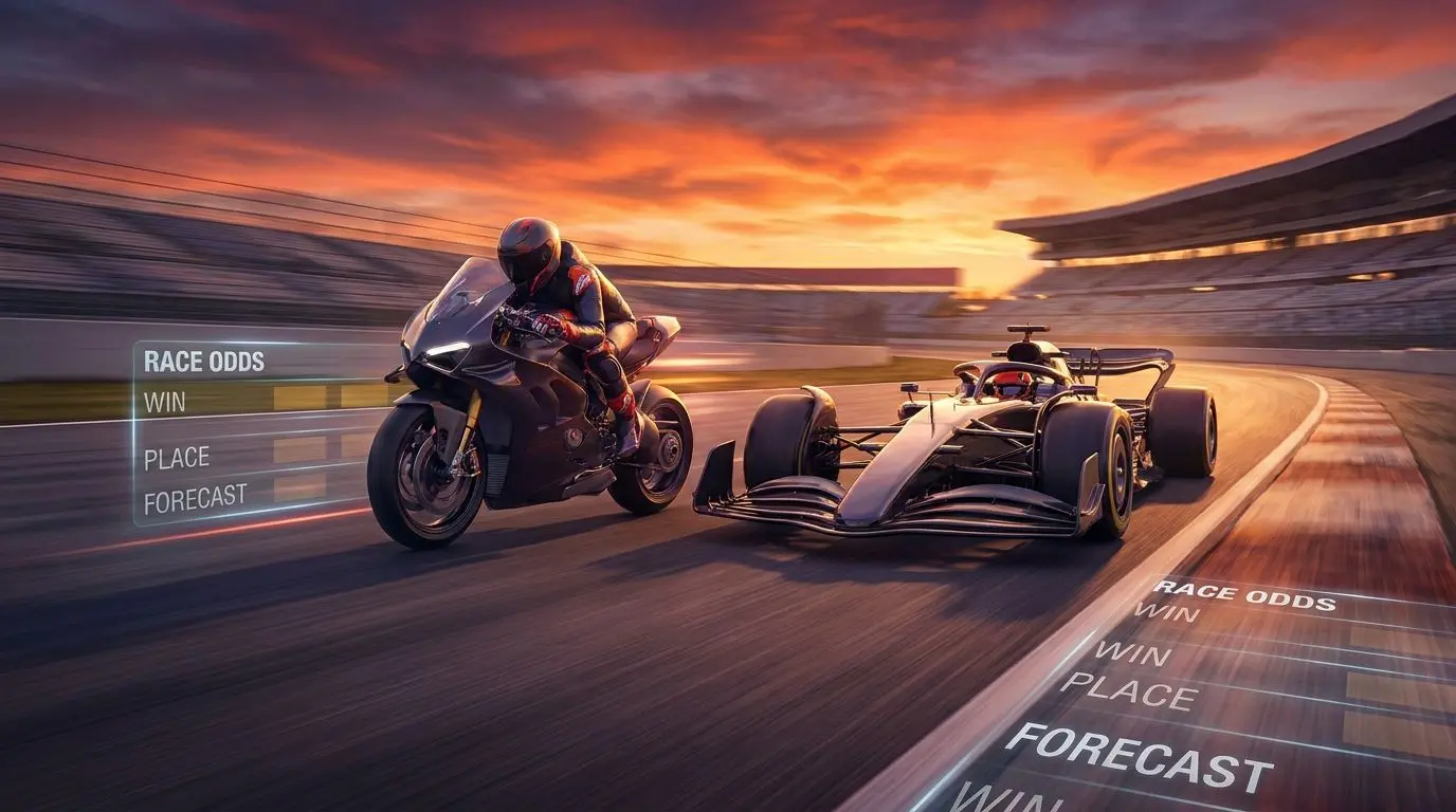 MotoGP y coche de Fórmula 1 compitiendo en un circuito moderno al atardecer