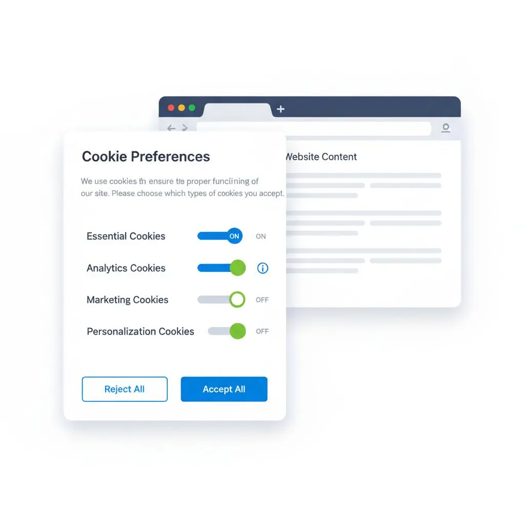 Ilustración de panel de configuración de cookies en un navegador