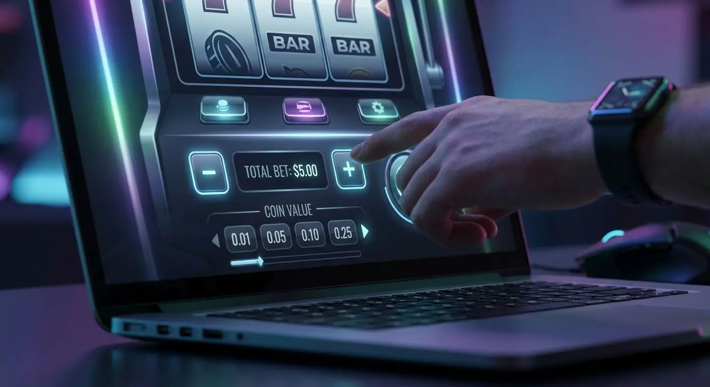 Panel de apuesta de tragaperras online con botones para ajustar importe