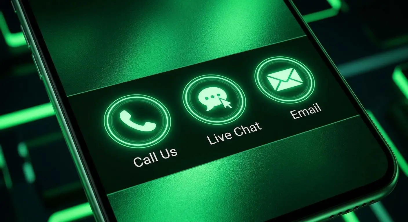 Móvil con opciones de contacto de soporte como teléfono y chat