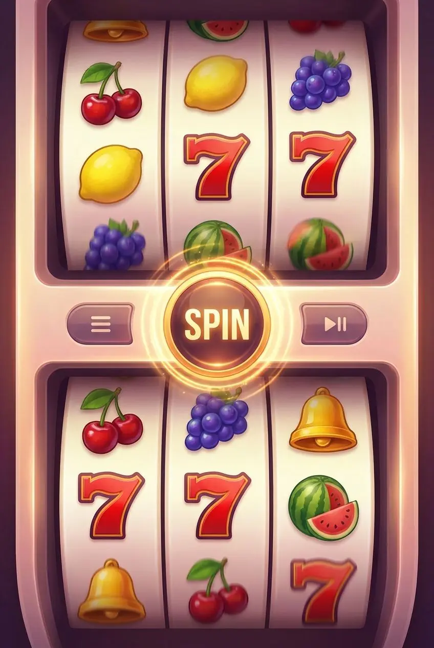 Pantalla de tragaperras online con rodillos y botón de giro