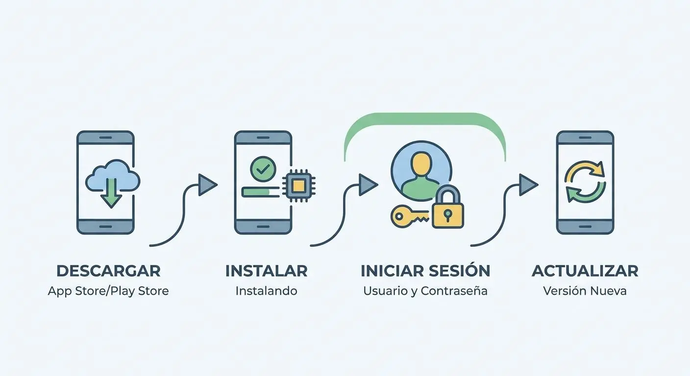 Infografía con pasos de instalación y actualización de una app de casino móvil