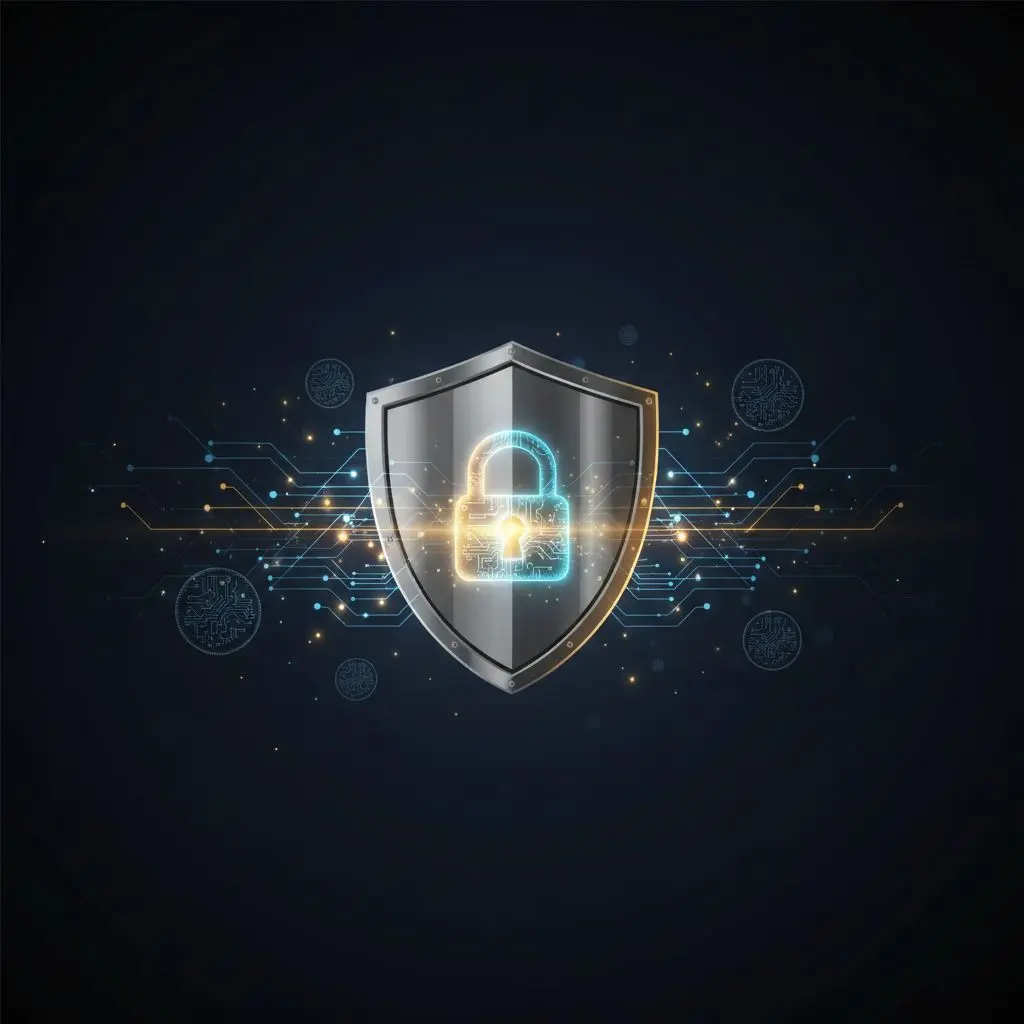 Escudo digital con candado y cookies sobre fondo oscuro que representa privacidad y seguridad
