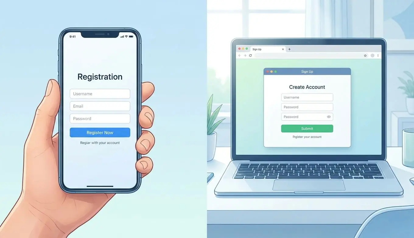 Usuario completando un registro online desde el móvil y el ordenador