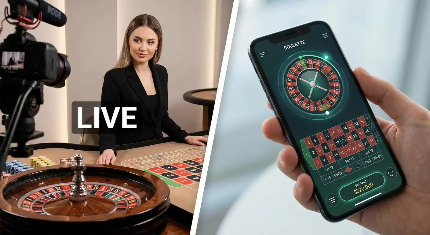 Comparación visual entre ruleta en vivo con crupier y ruleta online digital en móvil