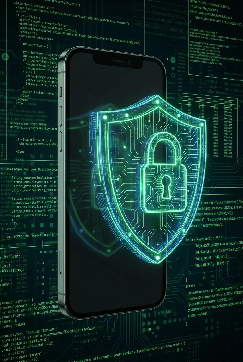 Móvil protegido con icono de candado digital que simboliza la seguridad de la app
