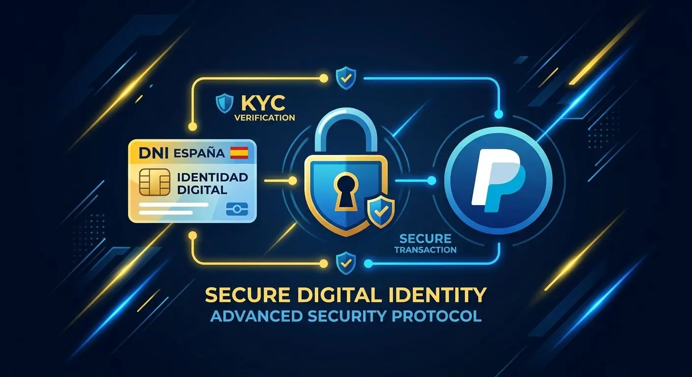 Ilustración de verificación KYC y seguridad con DNI, candado y PayPal
