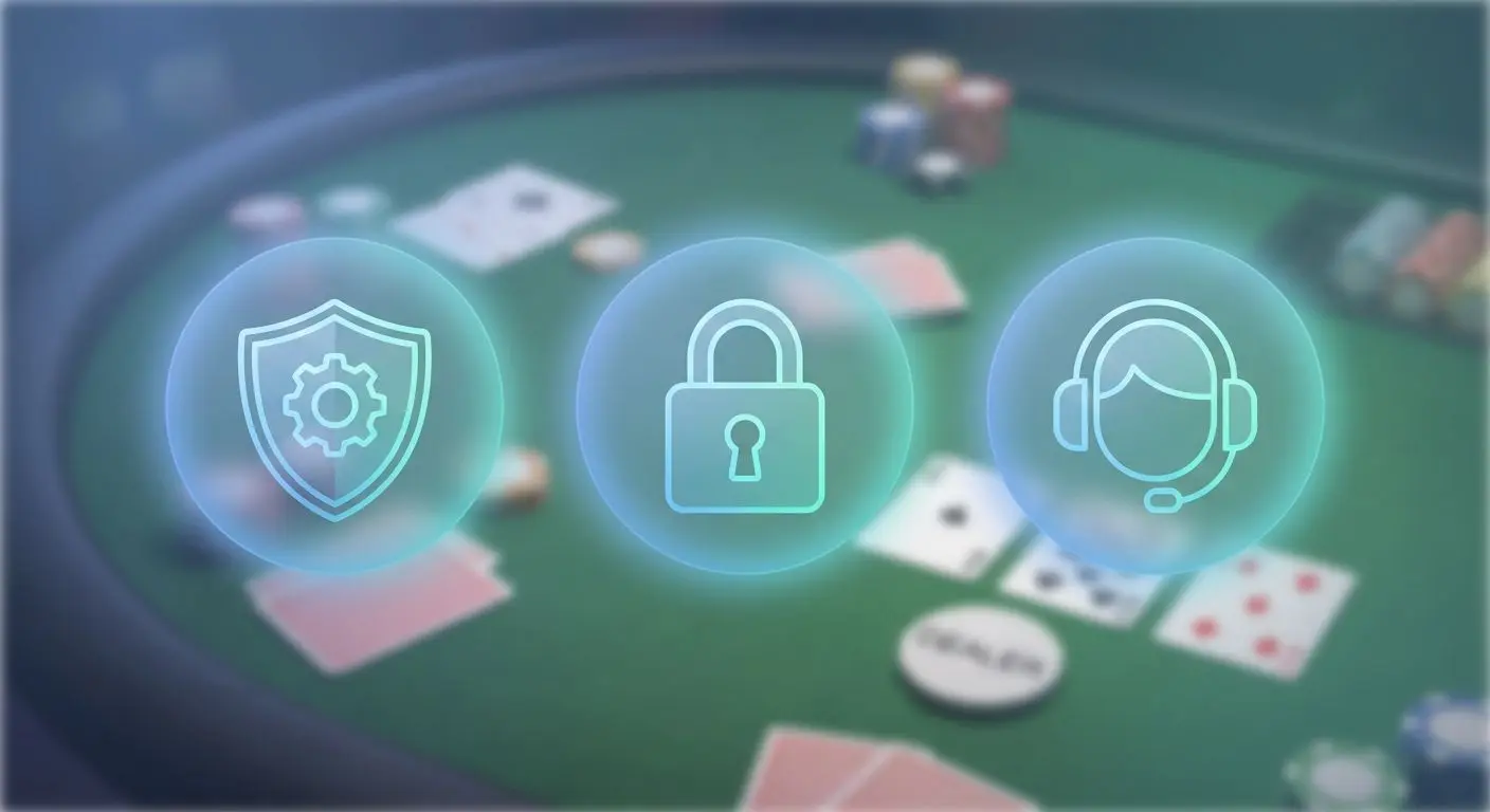 Iconos de seguridad, privacidad y soporte sobre fondo de mesa de poker